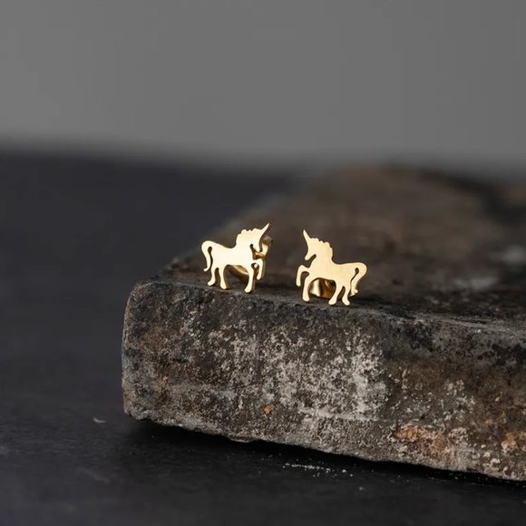 Gold Majestic Unicorn Small Stainless Steel Stud Earrings NEW - Picture 4 of 4